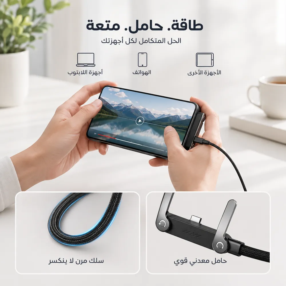 كيبل شحن 2 في 1 مع حامل غير مرئي، كيبل شحن سريع 240 واط بطول 1.5 متر 3 كيبل شحن 2 في 1 مع حامل غير مرئي، كيبل شحن سريع 240 واط بطول 1.5 متر - الصورة 3